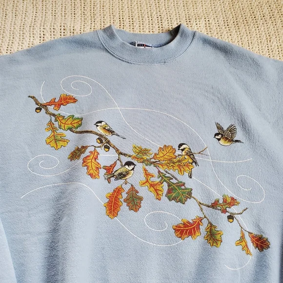 Vintage Jerzees Nublend Sweatshirt Blue Fall Leaves Birds Adult Size Medium - Picture 3 of 9